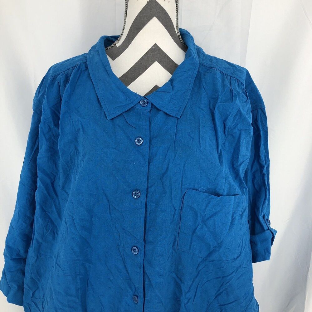 Woman Within Blue Short Roll Tab Sleeve Button Up Shirt Top Blouse 5X 38/40